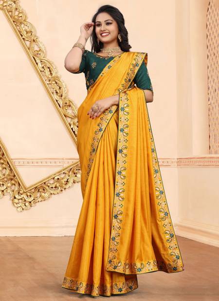 Yellow Colour Stylish Designer Party Wear Silk Embroidery With Stone Work Saree Collection Svarna1004